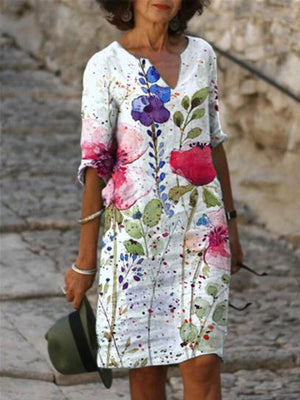 Women’s 3/4 Sleeve Floral Print V-Neck Midi Dress