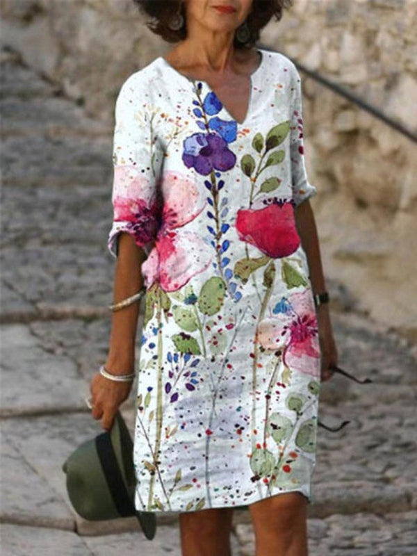 Women’s 3/4 Sleeve Floral Print V-Neck Midi Dress
