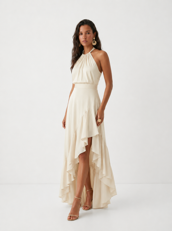 Women's Halter Midi Dress with Asymmetric Ruffle Hem