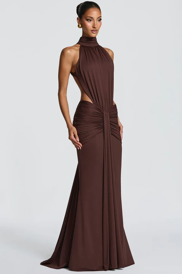 Women’s Backless Halter Neck Mermaid Maxi Dress with Open Back