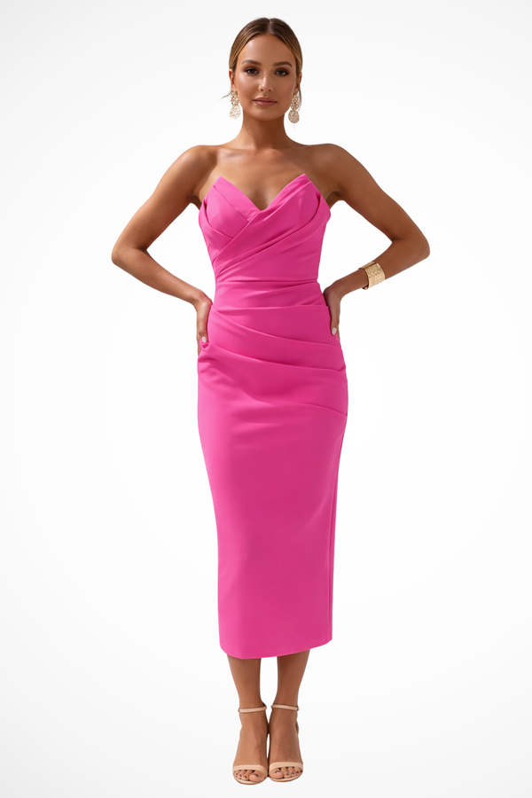 Women's Strapless Sweetheart Ruched Midi Dress