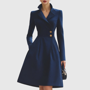 Women's Tailored Collar Midi Dress with Gold Buttons