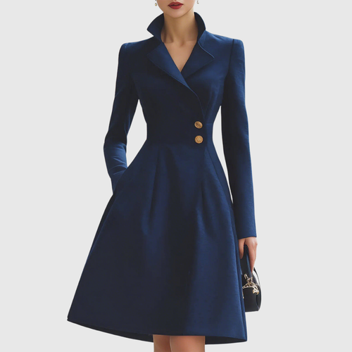 Women's Tailored Collar Midi Dress with Gold Buttons