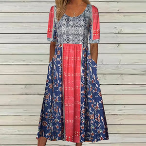 Women’s Boho Vintage Print Floral Midi Dress
