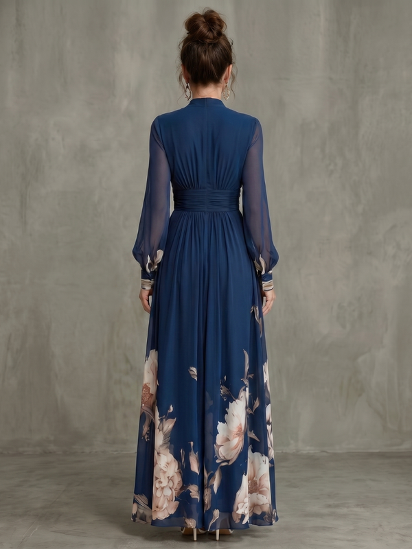 Women's Pleated Maxi Dress with Sheer Sleeves