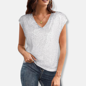 Sparkly Sequin V-Neck Top Relaxed Fit Cap Sleeve