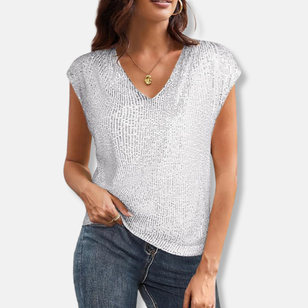 Sparkly Sequin V-Neck Top Relaxed Fit Cap Sleeve