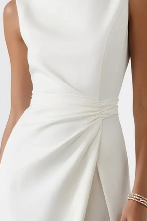 Women’s Sleeveless Maxi Dress with Side Ruched Waist and High Slit Detail