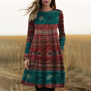 Women's Long Sleeve Boho Midi Dress with Aztec Print