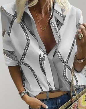 Women's Geometric Chain Print Button-Up Blouse