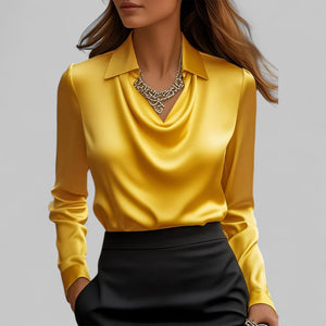 Draped Neck Satin Blouse with Long Sleeves