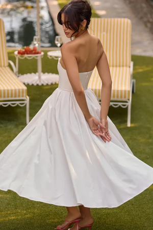 Women’s Strapless Flowy Midi Dress with Flared Skirt
