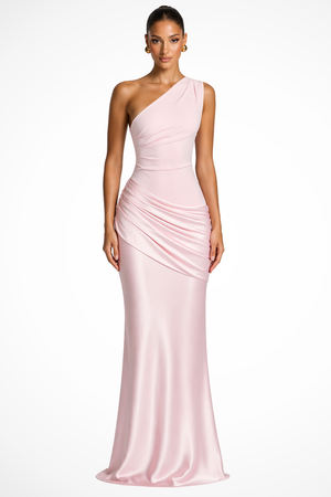 Women's One Shoulder Ruched Satin Maxi Dress