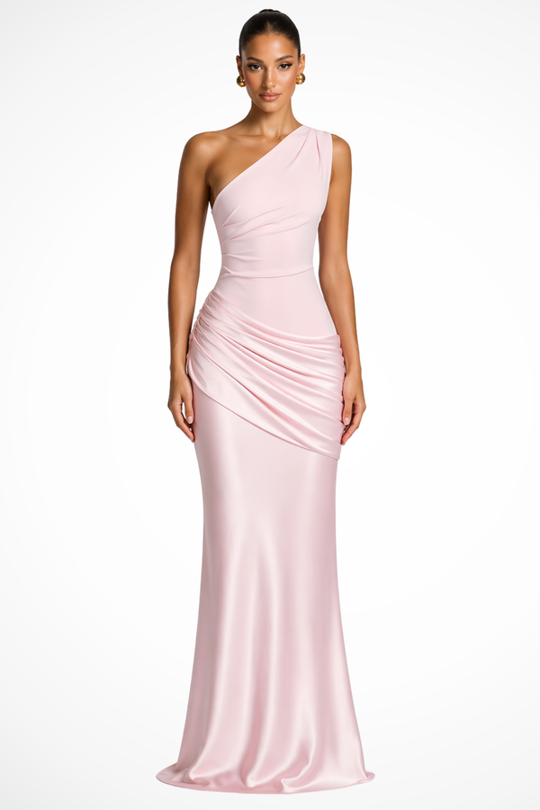 Women's One Shoulder Ruched Satin Maxi Dress