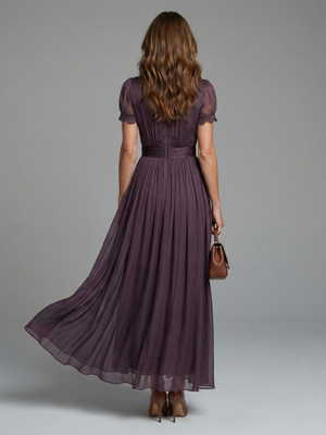 Women's Romantic Purple Maxi Dress with Sheer Puff Sleeves