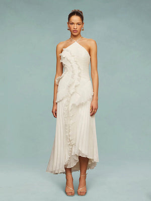 Women’s One-Shoulder Ruffle Maxi Dress with Asymmetrical Hem