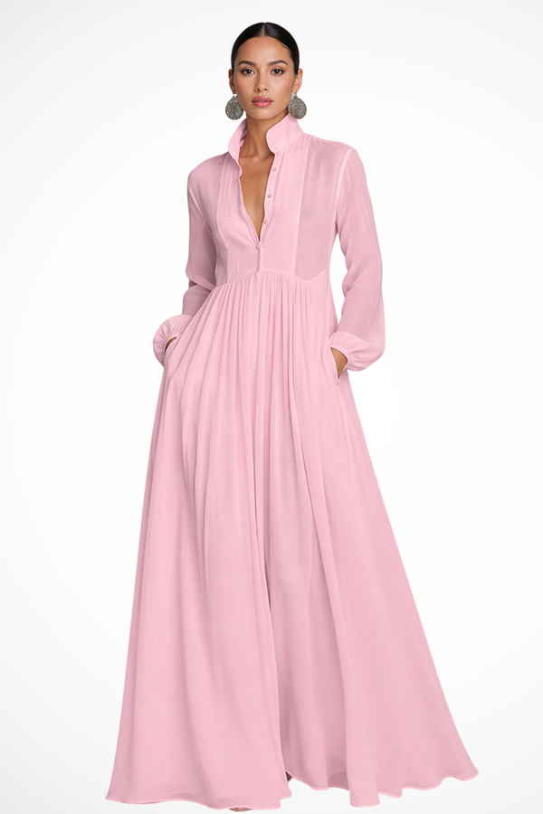 Vestido Maxi de Manga Larga con Botones y Bolsillos para Mujer