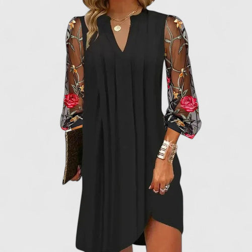 Women's V-Neck Mini Dress with Floral Sheer Sleeves