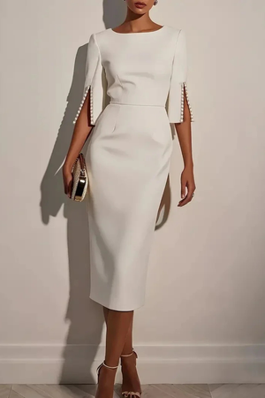 Vestido midi lápiz elegante para mujer con manga de perlas