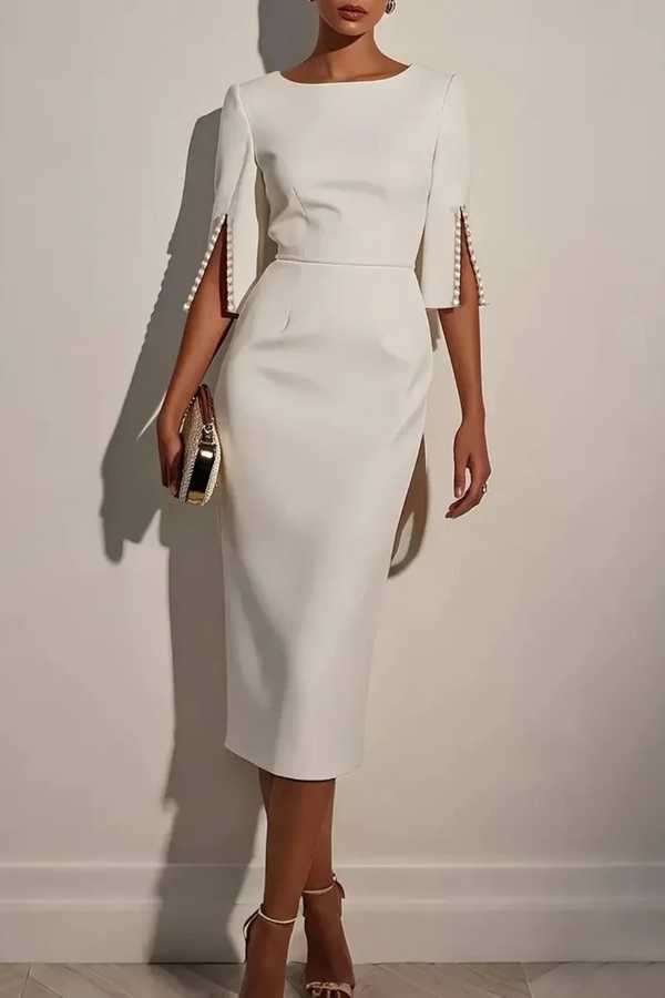 Vestido midi lápiz elegante para mujer con manga de perlas