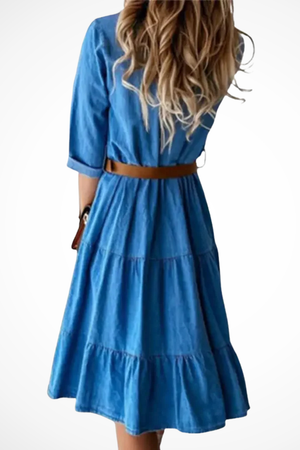 Women’s Denim Button-Front Tiered Midi Dress
