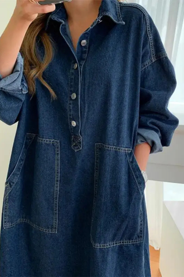 Women's Denim Maxi Dress Oversized Collared Long Sleeve