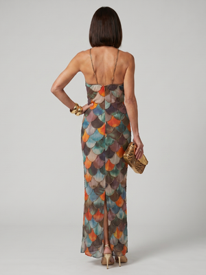 Women’s Multicolor Scallop Print Halter Neck Maxi Dress