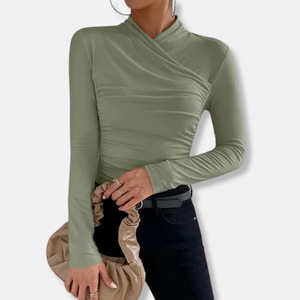 Women’s Asymmetric Ruched High-Neck Long Sleeve Top
