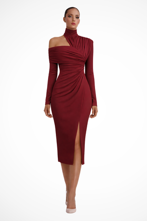 Women’s One-Shoulder Ruched Midi Dress with Elegant Side Slit