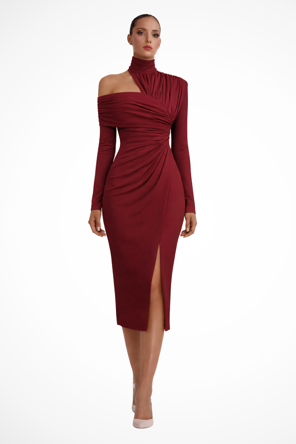 Women’s One-Shoulder Ruched Midi Dress with Elegant Side Slit