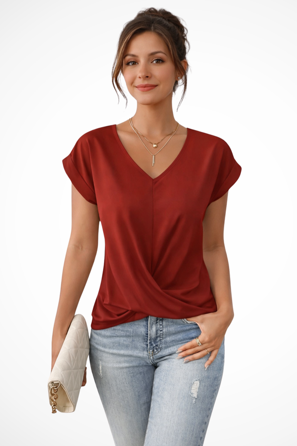 Women’s V-Neck Blouse with Short Sleeves and Relaxed Fit
