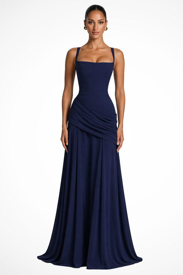 Women's Square Neck Ruched Maxi Dress with Side Slit