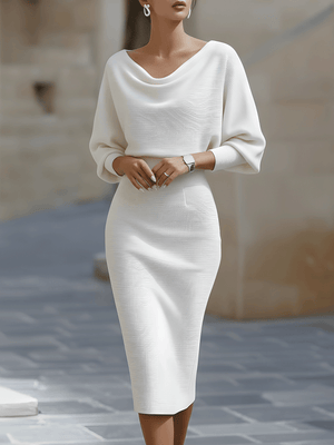 Women's Elegant Bodycon Midi Dress with Draped Neckline