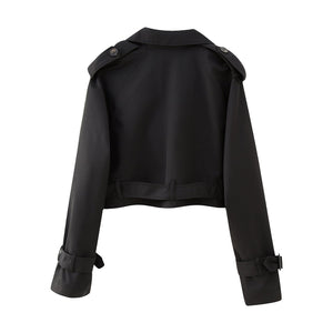 Women's Cropped Double-Breasted Trench Coat with Belted Cuffs