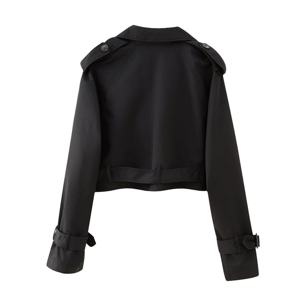 Women's Cropped Double-Breasted Trench Coat with Belted Cuffs