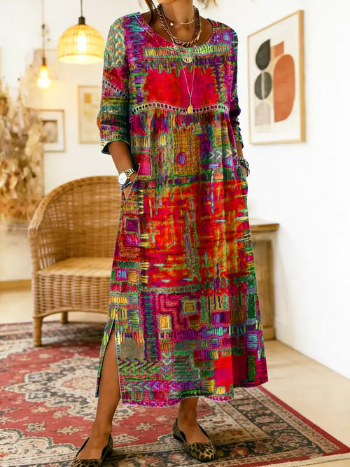 Women's Midi Dress with Artistic Print and Side Slit