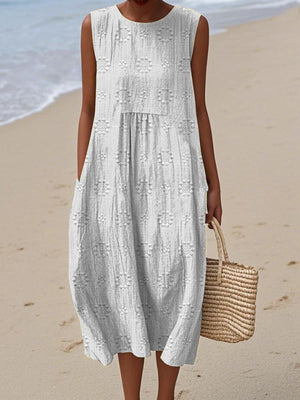 Women's Sleeveless Embroidered Midi Dress with Pockets