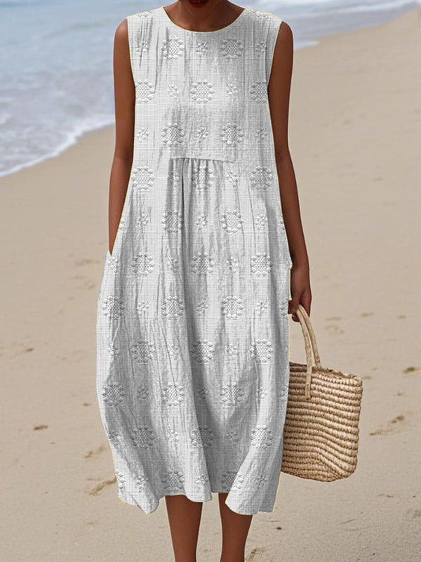 Women's Sleeveless Embroidered Midi Dress with Pockets