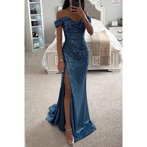 Women’s Off Shoulder Sequin Maxi Dress with High Slit and Fitted Silhouette