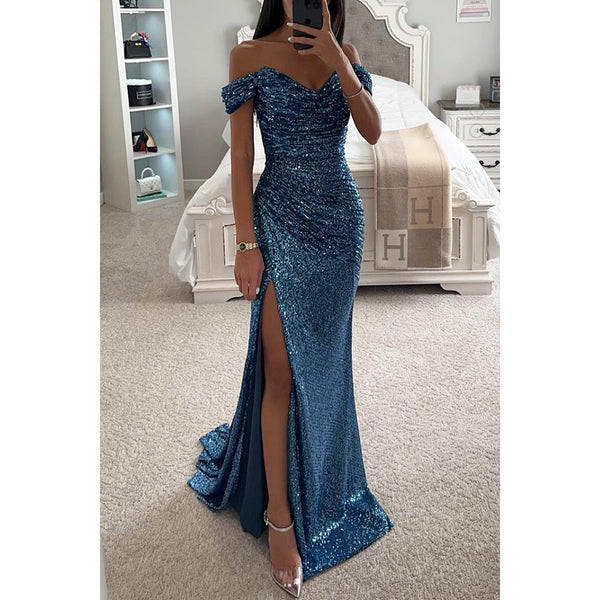 Women’s Off Shoulder Sequin Maxi Dress with High Slit and Fitted Silhouette