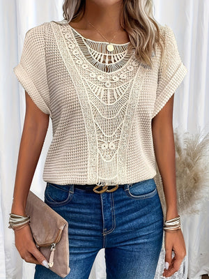 Women’s Crochet Detail Short Sleeve Casual Knit Top