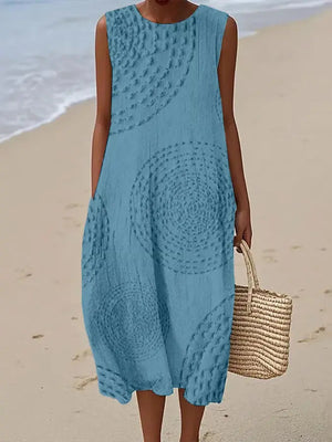 Women's Sleeveless Textured Midi Dress with Artistic Design