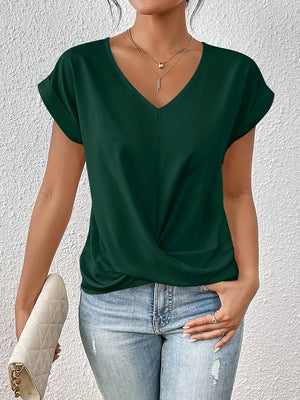 Women's V-Neck Twist-Knot Short Sleeve Blouse