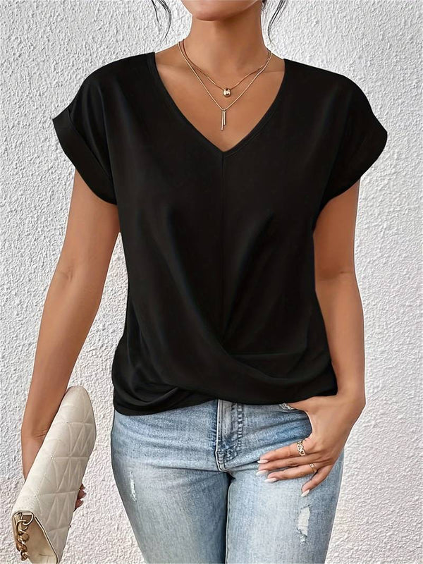 Women's V-Neck Twist-Knot Short Sleeve Blouse