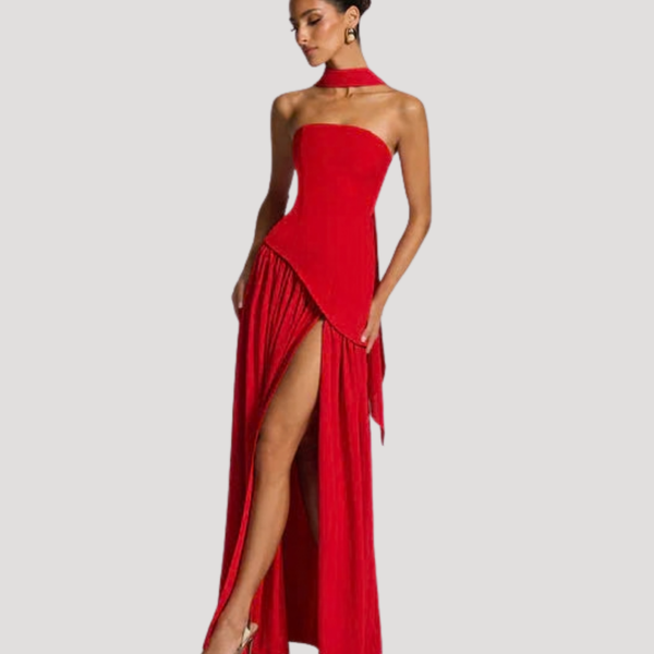 Vestido maxi plisado sin tirantes para mujer