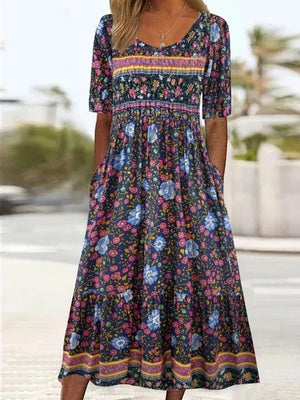 Women’s Boho Vintage Print Floral Midi Dress