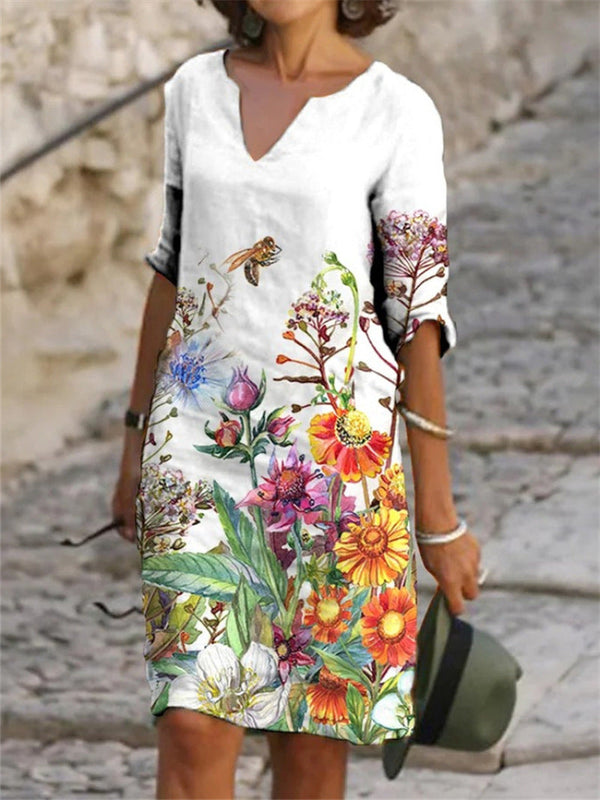 Women’s 3/4 Sleeve Floral Print V-Neck Midi Dress
