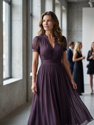 Women's Romantic Purple Maxi Dress with Sheer Puff Sleeves