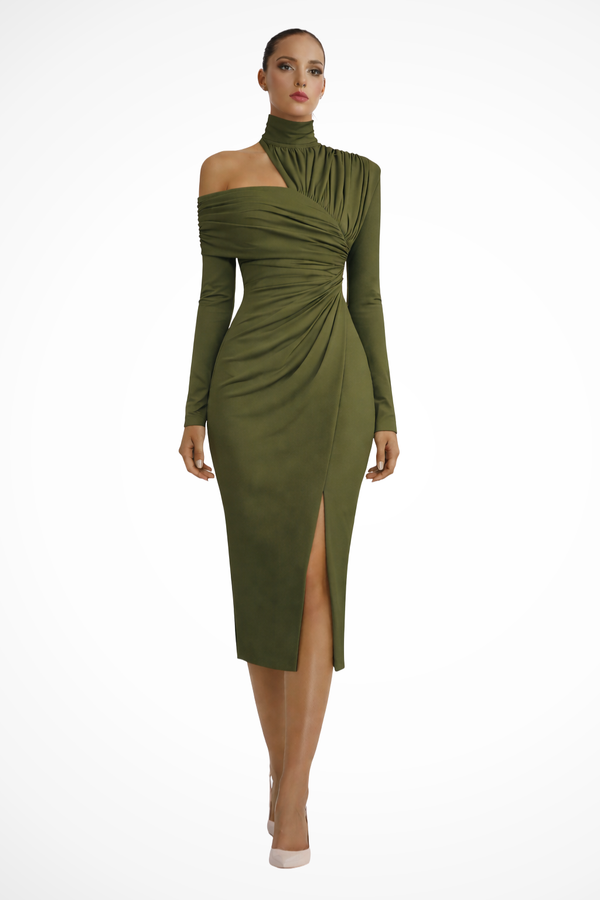 Women’s One-Shoulder Ruched Midi Dress with Elegant Side Slit
