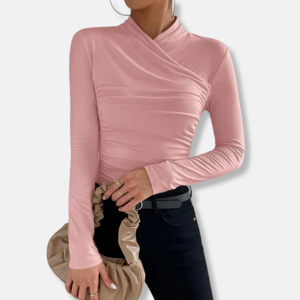 Women’s Asymmetric Ruched High-Neck Long Sleeve Top